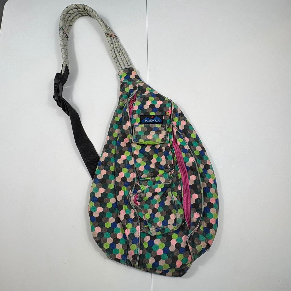 KAVU Rope Bag Cotton Canvas Sling Backpack Geometric Hexagon Print Festival